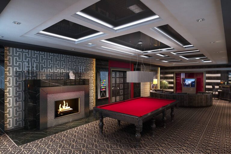 Красный бильярдный стол в контрастном дизайне гостиной