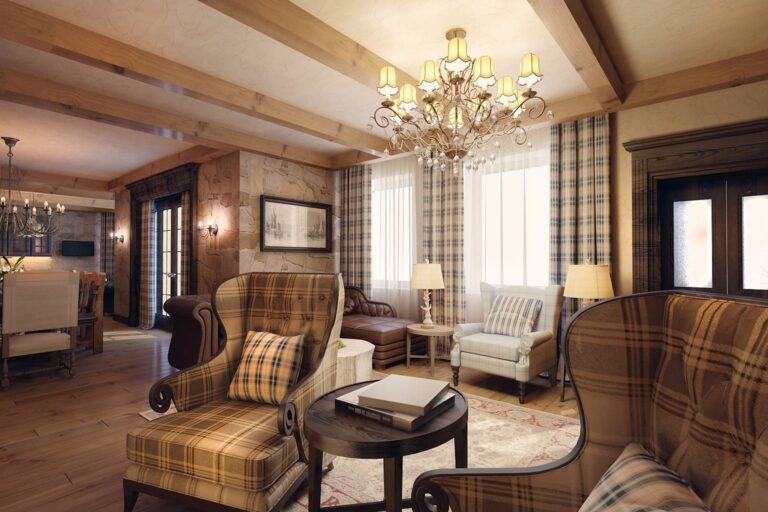 Натуральные ткани с рисунком клетки в интерьере гостиной