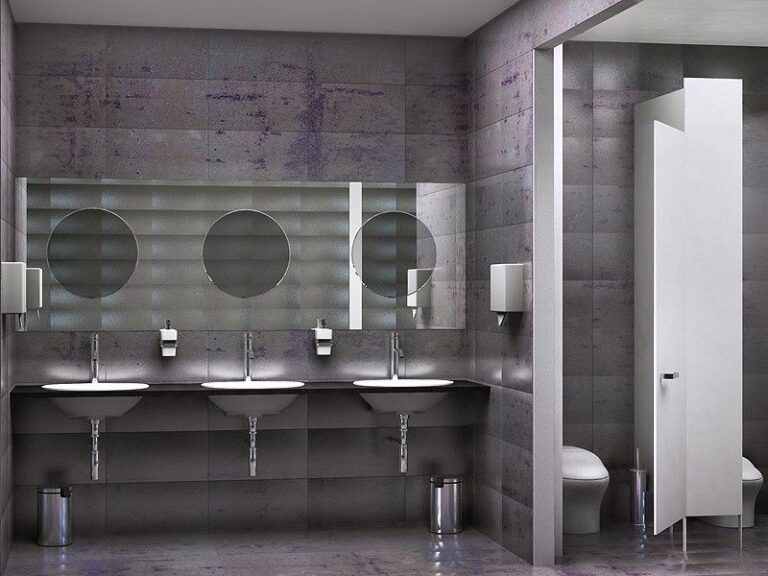 Фото оформления санузла офиса  в фиолетовых тонах