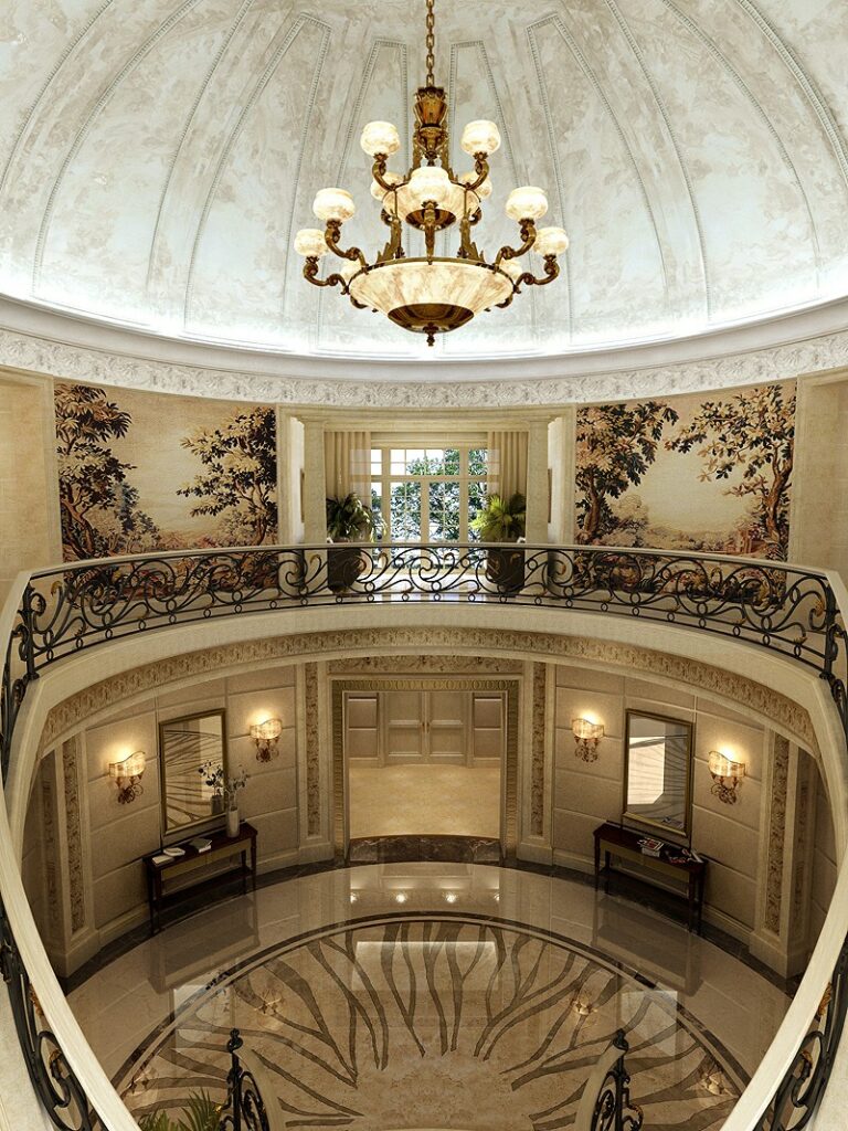 Дизайн коттеджа с высоким расписным потолком-куполом