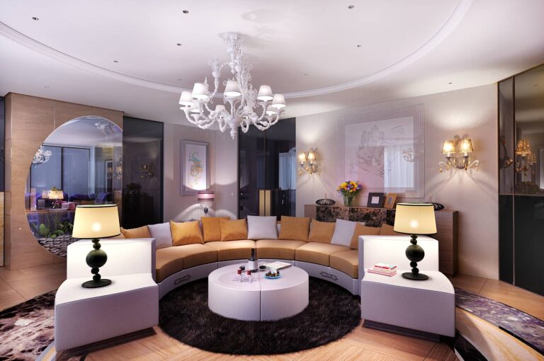 Большой полукруглый диван в дизайне гостиной