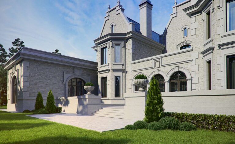 Терраса, фронтоны и французские окна в фасаде дома из серого камня