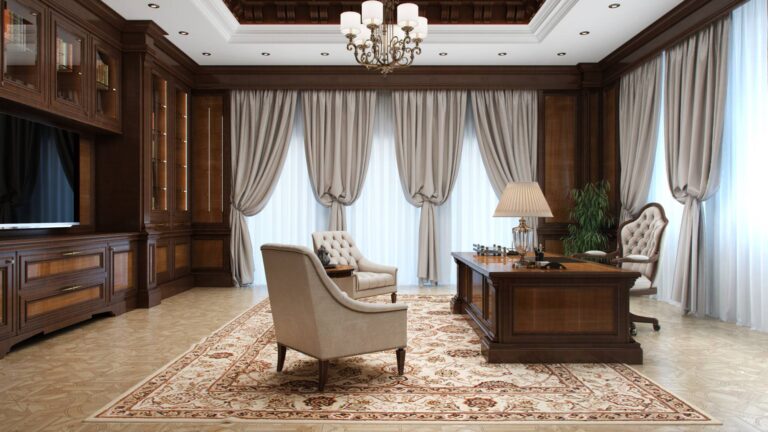 Кабинет со встроенными книжными шкафами и панелью ТВ