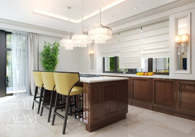 Оформление кухни со светло-желтыми стульями