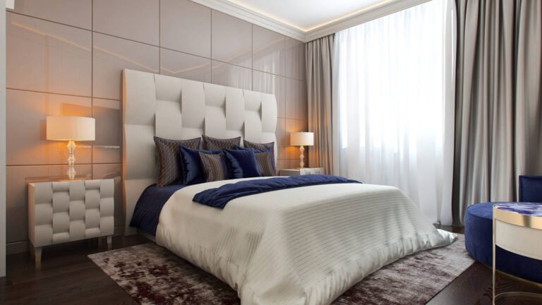 Волнистое изголовье кровати в интерьере спальни под стиль мебели