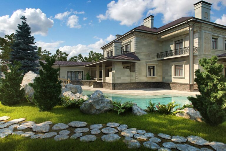 Ландшафтное оформление придомового участка и внутренний фасад особняка