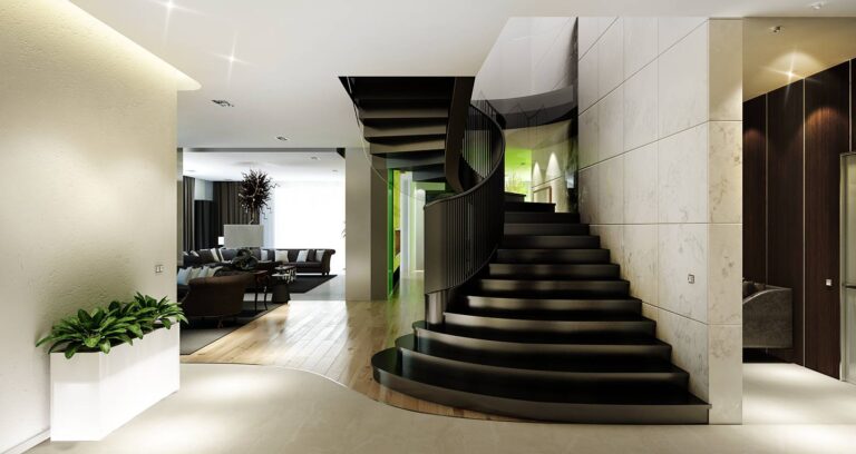 Округлая черная лестница в дизайне холла частного дома