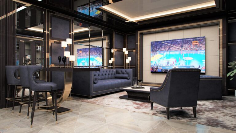 Панель цвета слоновой кости в интерьере фиолетовой гостиной