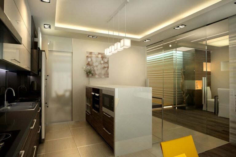 Белый глянец и венге в оформлении интерьера кухни