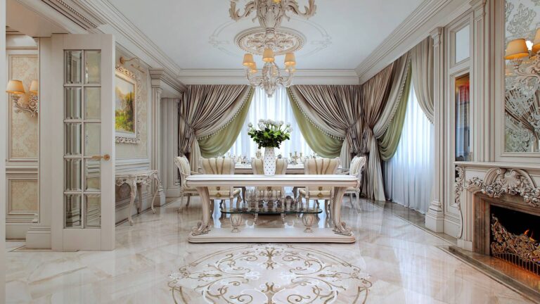 Декорирование бежевого мраморного пола мозаичным узором