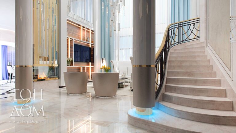 Мраморная колонна и лестница в гостиной