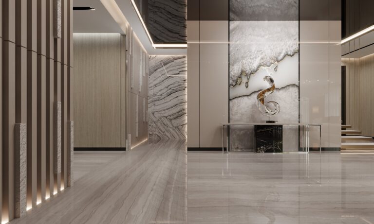 Интерьер холла в мягких серо-бежевых тонах