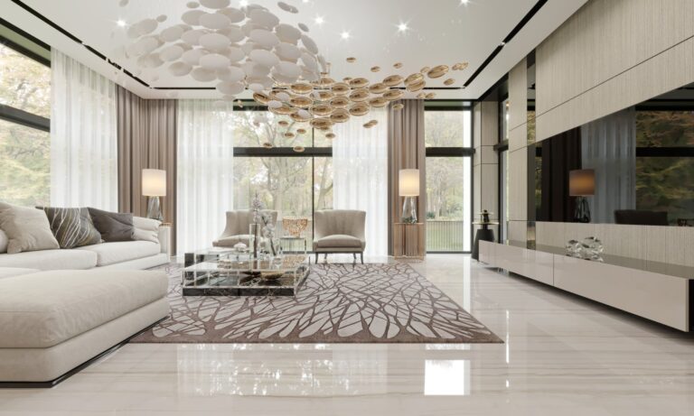 Интерьер гостиной в бежево-серых тонах с большой ТВ-панелью