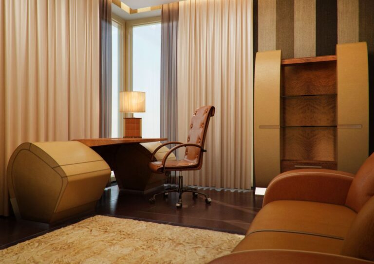 Мебель в бежево-рыжих тонах в дизайне рабочего кабинета