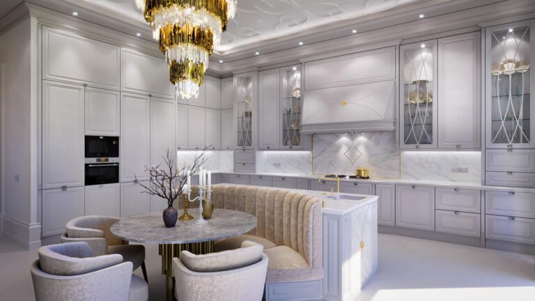 Мягкая обеденная зона в дизайне белой кухни