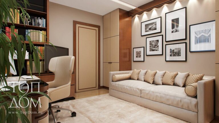 Интерьер кабинета в сливочных и бежевых тонах с кожаным диваном