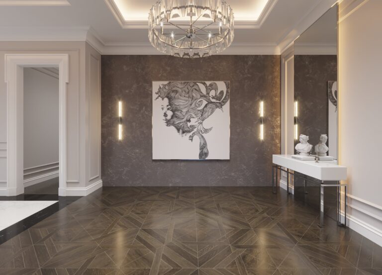 Большой холл с белой консолью и зеркалом