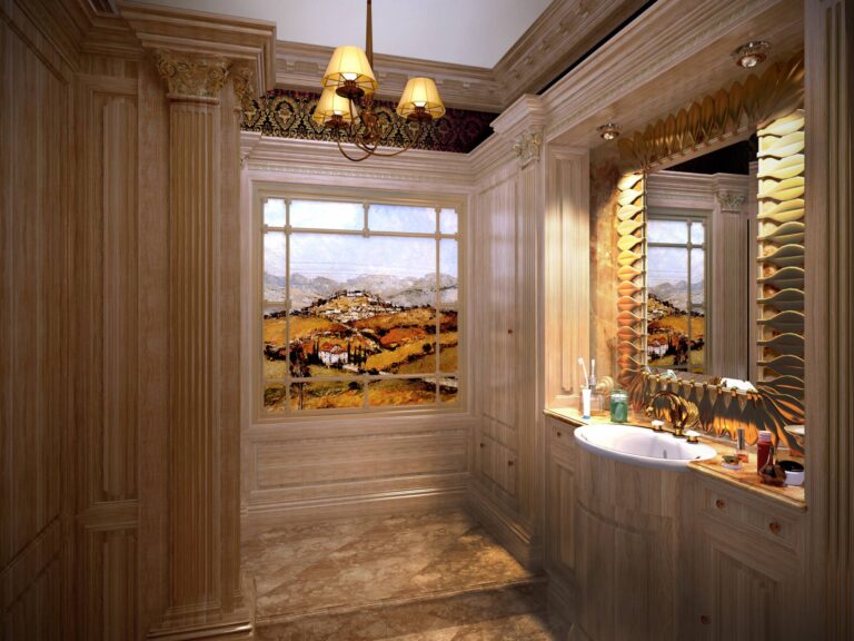 Дизайн светлого санузла с золотистыми акцентами