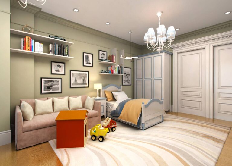 Оформление детской для мальчика с бело-голубыми люстрами