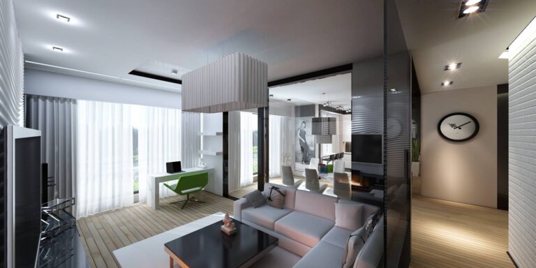 Светлый дощатый пол в интерьере гостиной