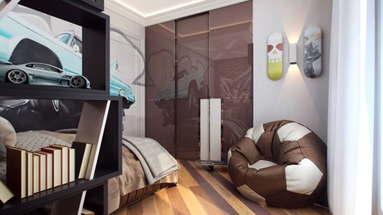 Дизайн детской подростка с глянцевым шкафом шоколадного цвета