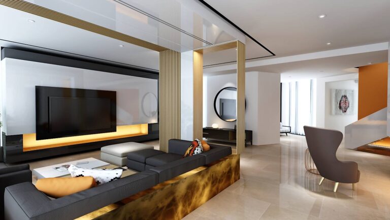 Полированный пол из бежевой плитки в интерьере современной гостиной