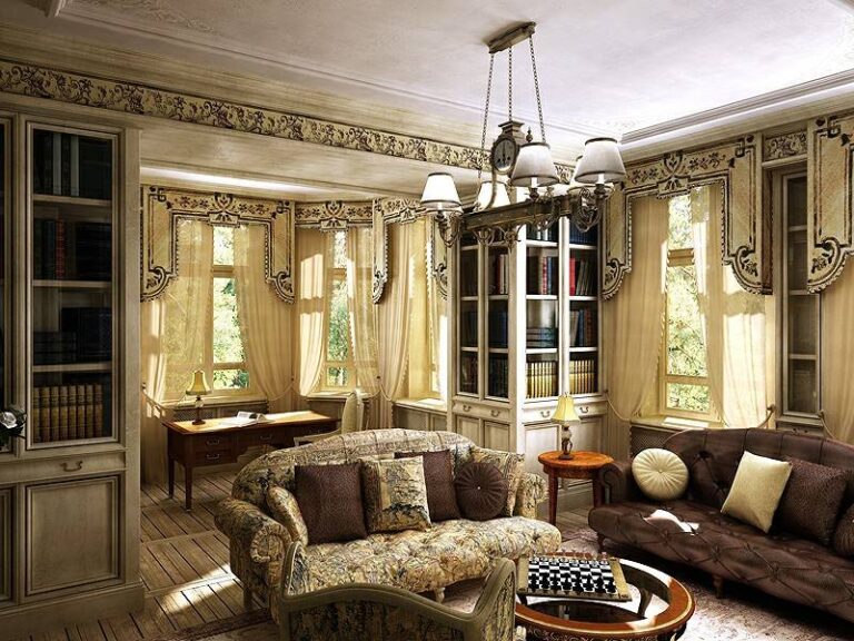 Светлый интерьер гостиной с бежевыми узорными ламбрекенами