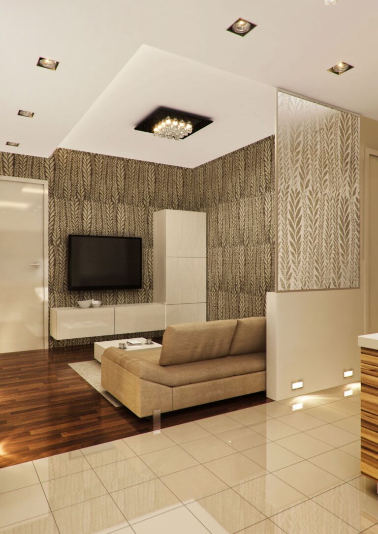 Сочетание светлой мебели с золотистым принтом в дизайне гостиной