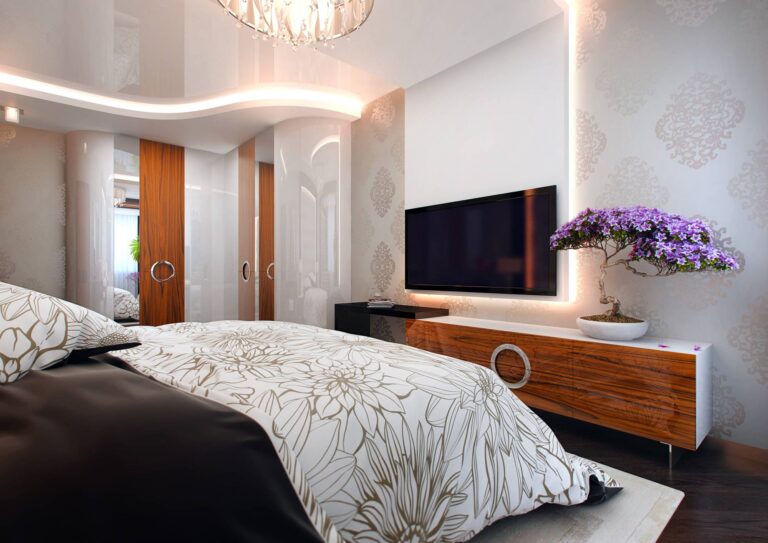 Интерьер спальни с радиусным шкафом