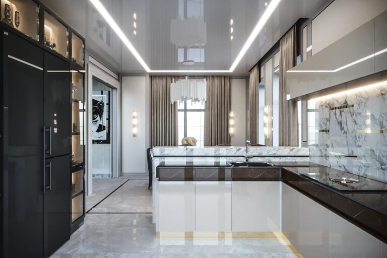 Темно-коричневые акценты в дизайне белой угловой кухни