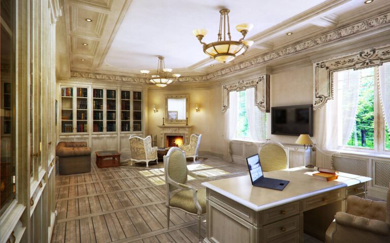 Плотные ламбрекены с орнаментом в дизайне кабинета