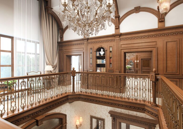 Зона отдыха и ажурная балюстрада в интерьере холла