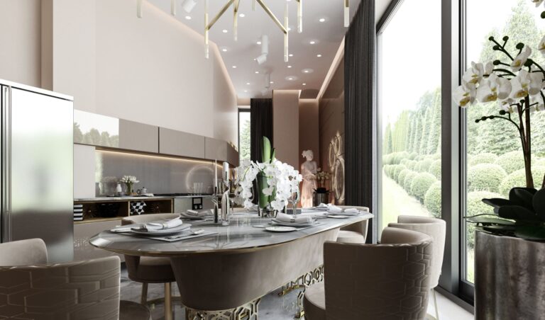 Современная кухня с овальным светло-серым мраморным столом