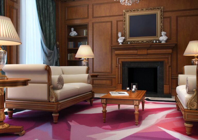 Элитный интерьер гостиной с резной инкрустированной мебелью