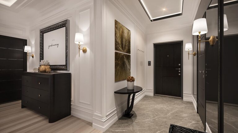 Полукруглая черная консоль в интерьере белого кабинета