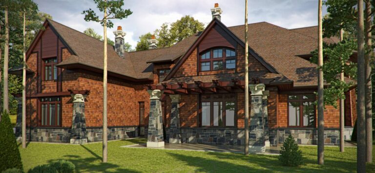 Колонны и мансарда в фасаде дома из кирпича и камня в стиле шале