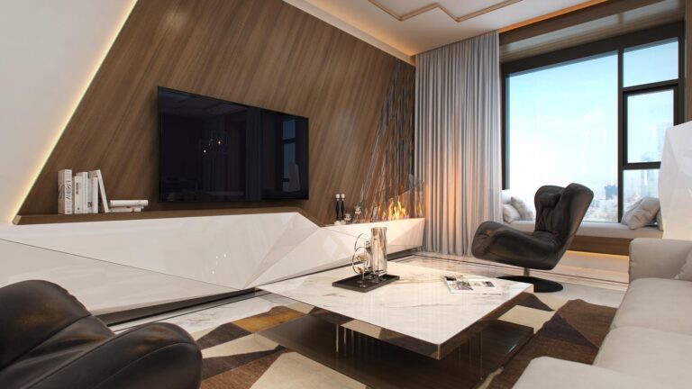 Дизайн гостиной со стеной из дерева