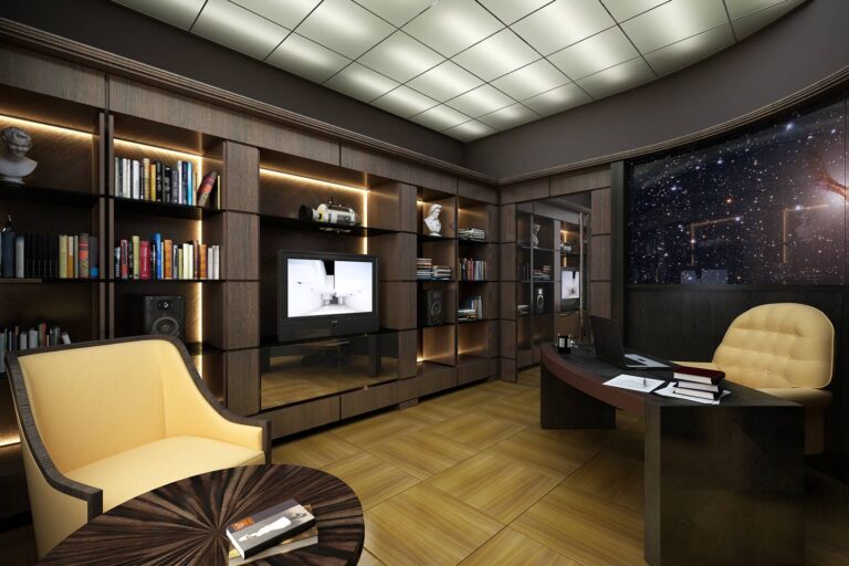 Дизайн кабинета с темным столом и ванильным креслом