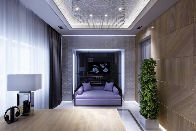 Мягкая мебель с сиреневой обивкой в интерьере кабинета