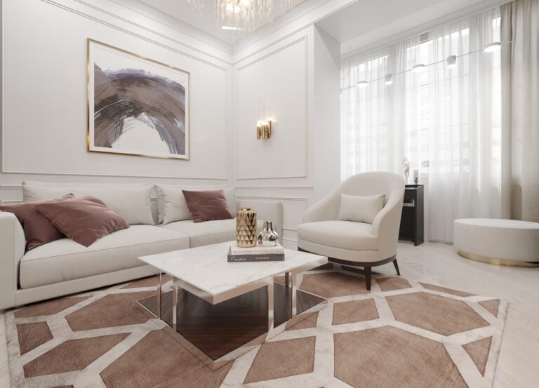 Ковер с крупным бежевым орнаментом в интерьере белой гостиной