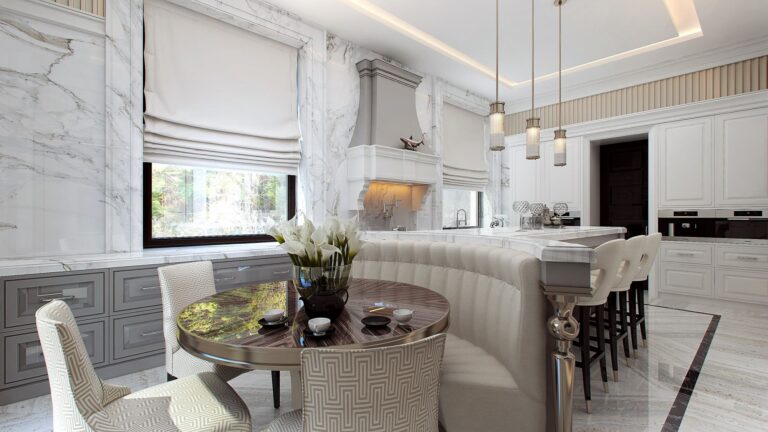 Полукруглый диванчик, стулья и круглый стол в обустройстве обеденной зоны