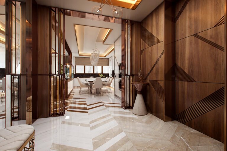 Интерьер современного холла с зеркальной отделкой