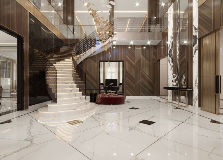 Центральный холл и лестница в бежевых оттенках