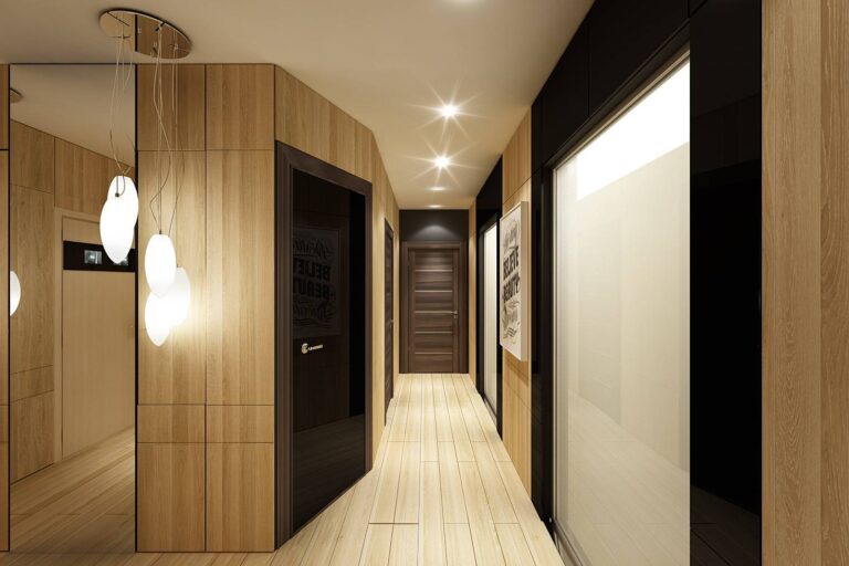 Матовые панели и потолочная подсветка в дизайне прихожей