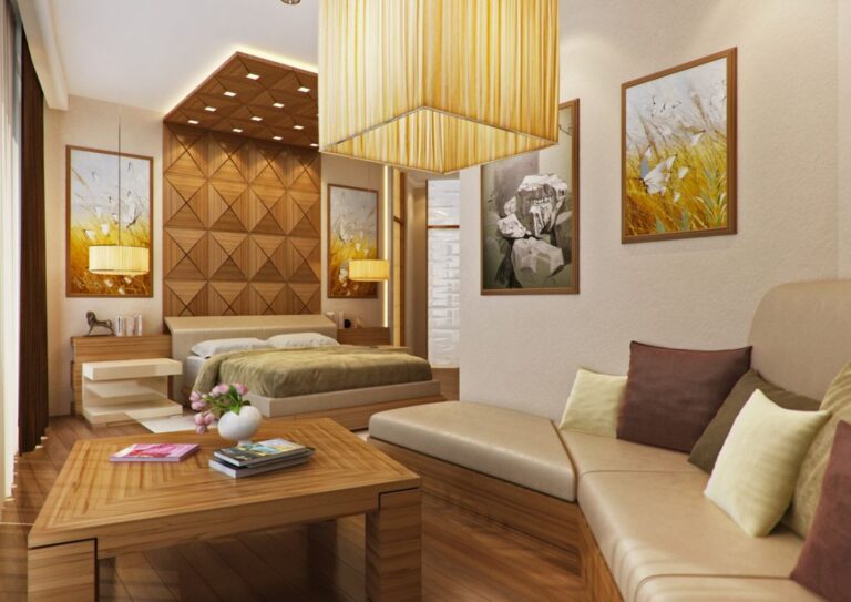 Дизайн спальни в светлых тонах с кожаной мягкой мебелью