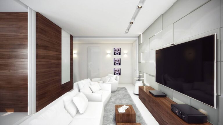Модный дизайн гостиной со скрытой подсветкой стен