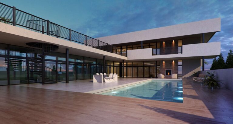 Терраса с бассейном во внутреннем фасаде дома из кирпича в светлой отделке