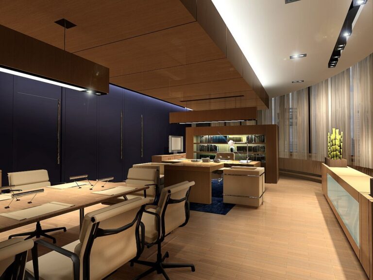 Интерьер кабинета руководителя с синим цветов на стене