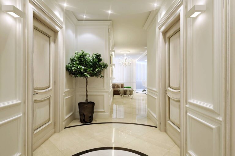 Интерьер холла с отделанными деревом стенами