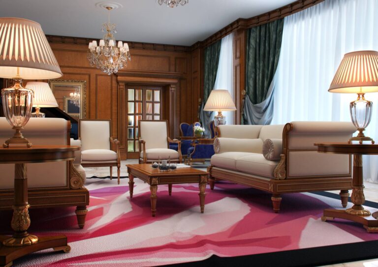 Гостиная в темно-коричневых тонах с розовым ковром